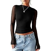 OZICERD Women Sheer Mesh Long Sleeve Shirts Cute Going Out Tops Tight Fitted Boat Neck See Through Club Top Rave Concert