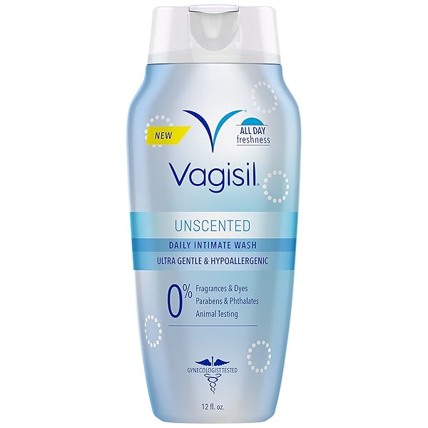VAGISIL FEMININE WASH FOR INTIMATE AREA HYGIENE, PH BALANCED AND GYNECOLOGIST TESTED, UNSCENTED, 12 OZ (PACK OF 1)