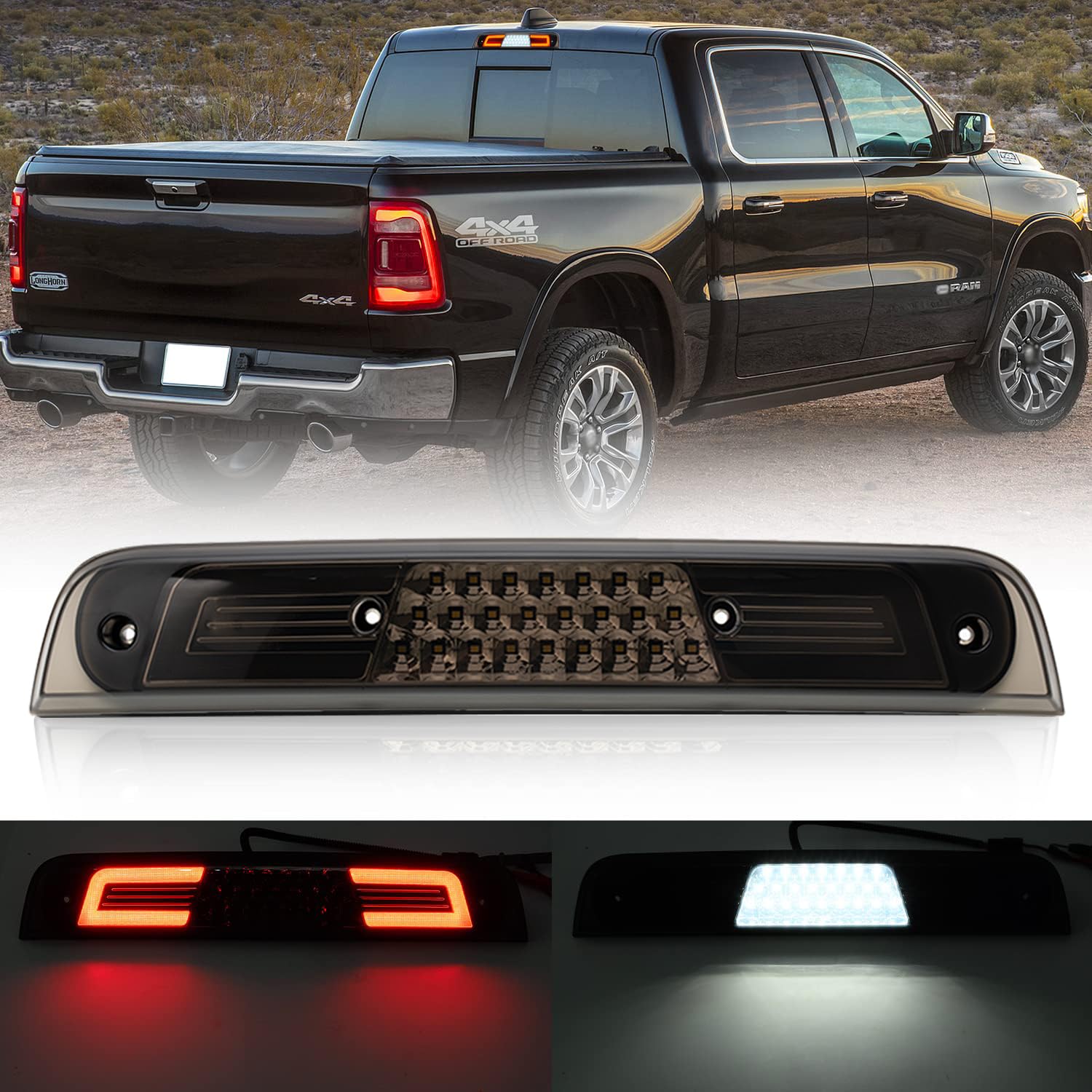 Photo 1 of NSLUMO Led Third Brake Light Replacement for 2019 2020 2021 2022 2023 2024 RAM 1500 Pickup Trucks Red LED 3rd Brake Center High Mount Stop Lamp White Cab Cargo Light Smoked Lens Truck Bed CHMSL