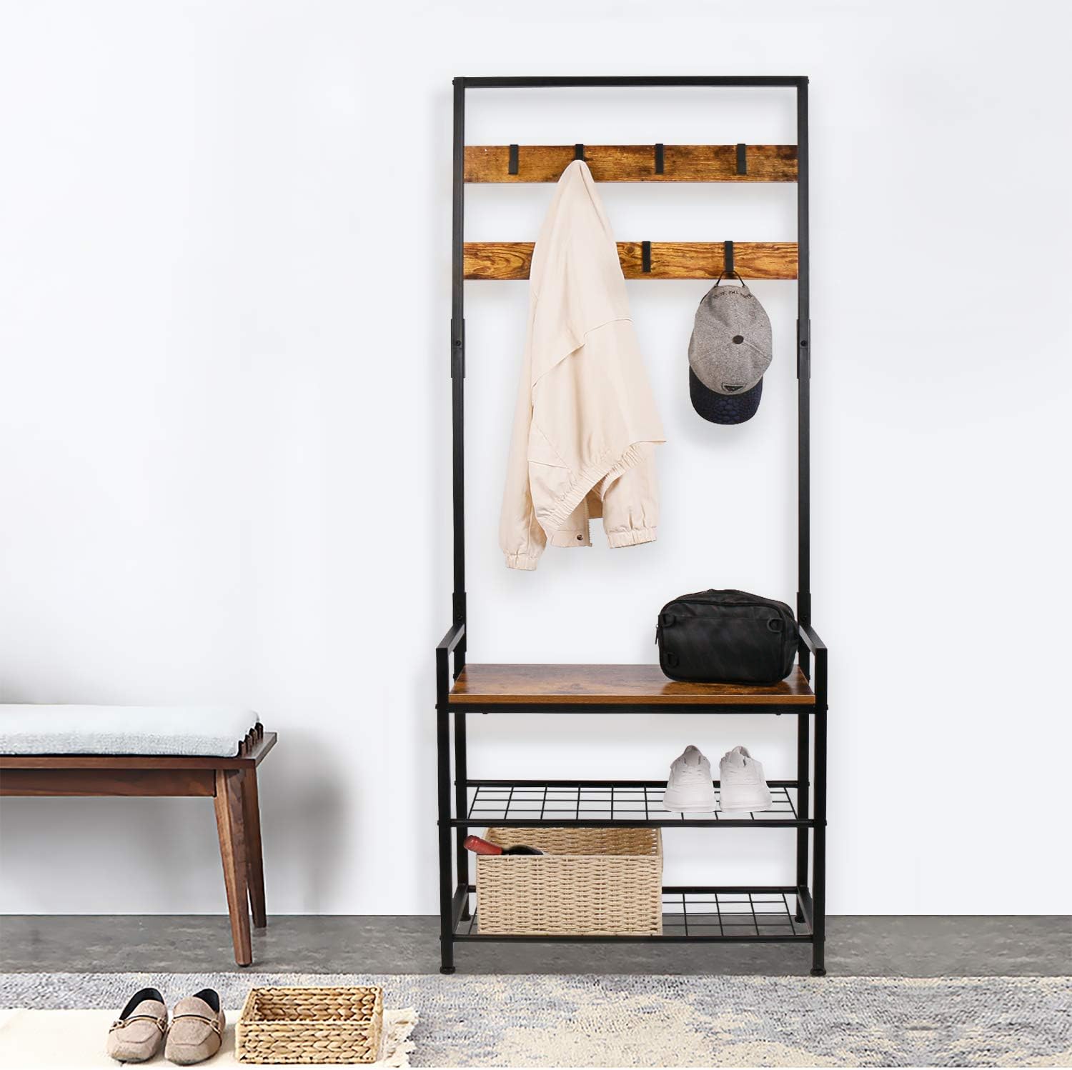 HOMEKOKO Coat Rack Shoe Bench, Hall Tree Entryway Storage Bench, Wood Look Accent Furniture with Metal Frame, 3-in-1 Design (Rustic Brown): Home & Kitchen