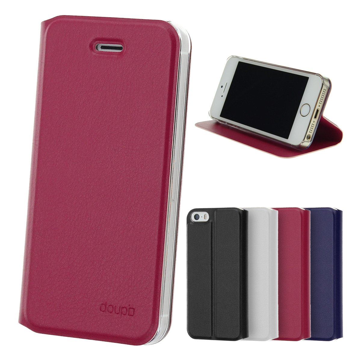 doupi Flip Cover for iPhone 4 / 4S, Magnet Protective Flip Case Book Style Screen Protector Stand, red pink
