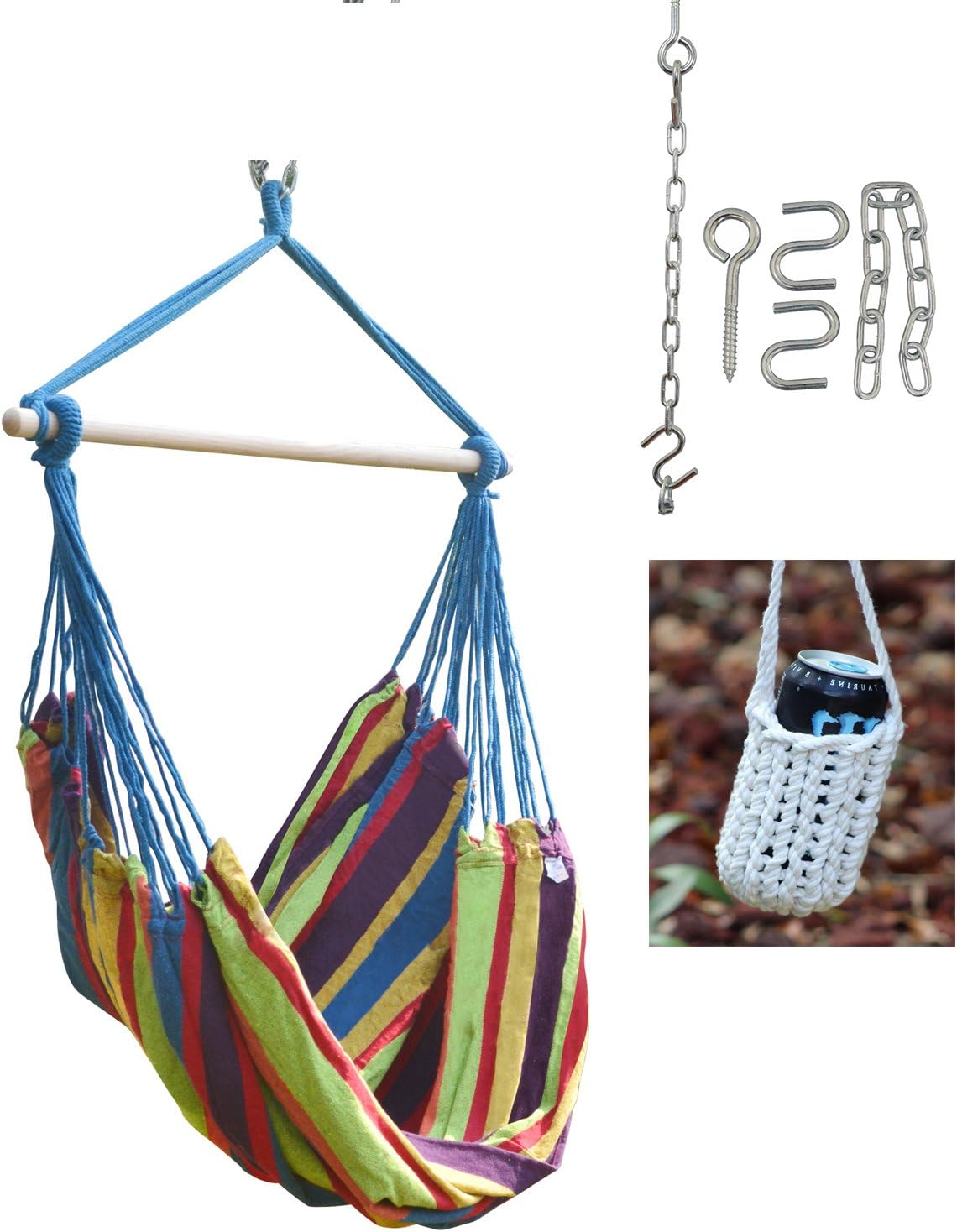 Camp Buddy Large Brazilian Hammock Swing Chair - with Hanging Hooks Hardware and Free Handcrafted Drink Holder (Blue/Stripe)