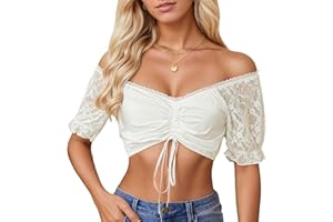 GHGNFG Women's Bavarian Oktoberfest Dirndl Blouse Traditional Classic Off Shoulder Short Sleeve Elegant Lace Tops