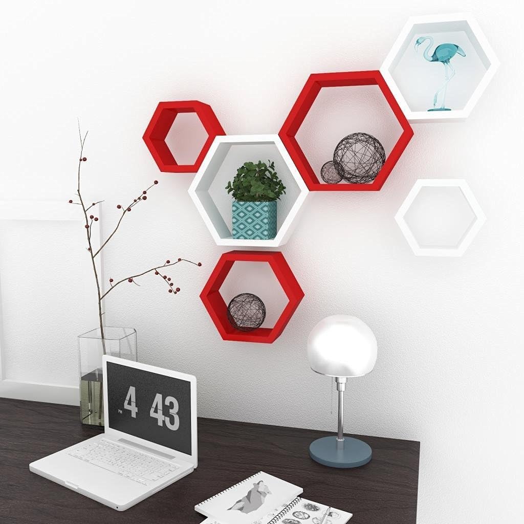 Artesia Wooden Decorative Hexagon Shape Wall Shelf Set of 6 (White & Red)