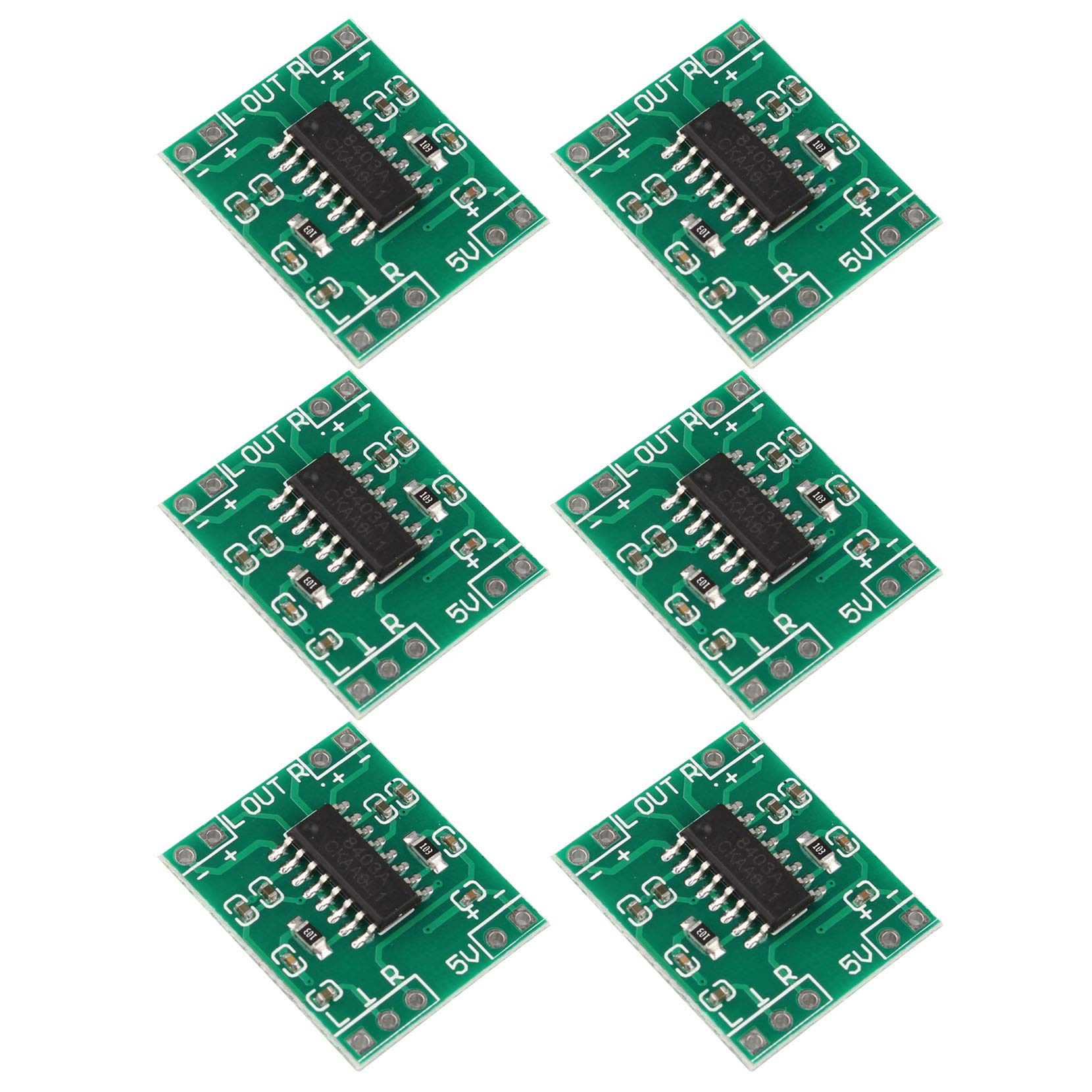 HALJIA 6PCS PAM8403 Super Mini Digital Power Amplifier Board High Performance 2 * 3W Class D 2.5-5V USB Efficient Power Audio Universal Module Green