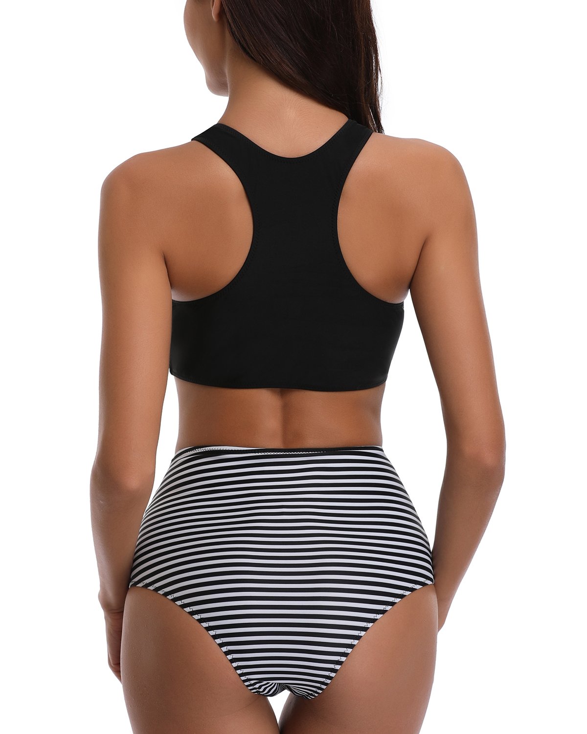 Yong Dong Women High Neck Padded Crop Top Bikini Set Stripe Print High Waist Retro Swimsuit Black M