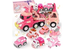 Toddler Girl Truck Car Toys for 1 2 3 Year Old Girl Birthday Gifts, 7-in-1 Pink Princess Transport Carrier Trucks for Toddler
