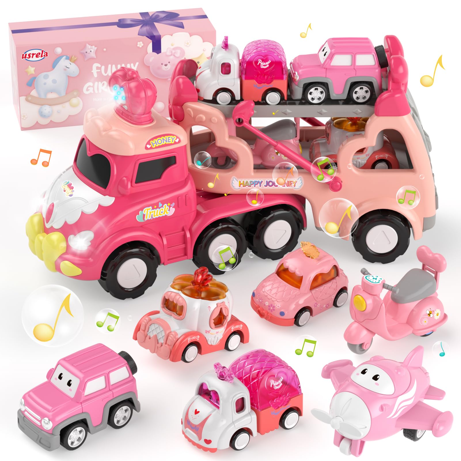 Toddler Girl Truck Car Toys for 1 2 3 Year Old Girl Birthday Gifts, 7-in-1 Pink Princess Transport Carrier Trucks for Toddlers 1-3, Friction Power Toy Cars with Lights & Music, My daughter First Gift — image 1