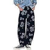 Women Barrel Jeans Casual Wide Leg Baggy Daisy Printed Pants Y2k Boyfriend Mid Rise Denim Ankle Pants