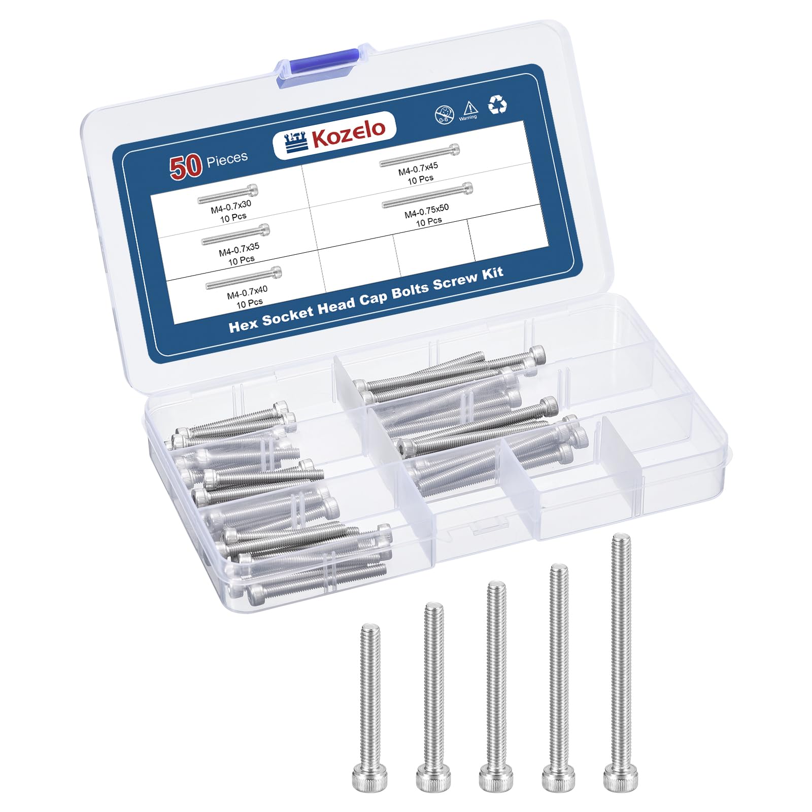 Kozelo 50pcs M4 Socket Head Cap Screws Bolts Nuts Assortment Kit - [M4x30/35/40/45/50mm] 304 Stainless Steel Allen Socket Drive for 3D Printer