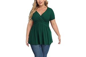 TIANZHU Women's Plus Size Dressy Tops Sexy Wrap Shirt Short Sleeve Tunic Top V Neck Low Cut Cute Blouse