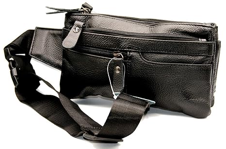 RAKESH Gürteltasche Bauchtasche Hüfttasche Umhängetasche Echt-Leder (Schwarz)
