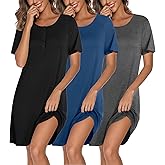 Ekouaer 3 Pack Nightgowns for Women Short Sleeve Sleepshirt Button Down Nightshirt Soft Pajamas Dress Casual Sleepwear