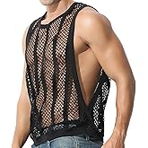 Evankin Mens Sexy Stripe Fishnet Tank Top See Through Mesh Sleeveless Tank Shirt Hollow Out Sheer Undershirts