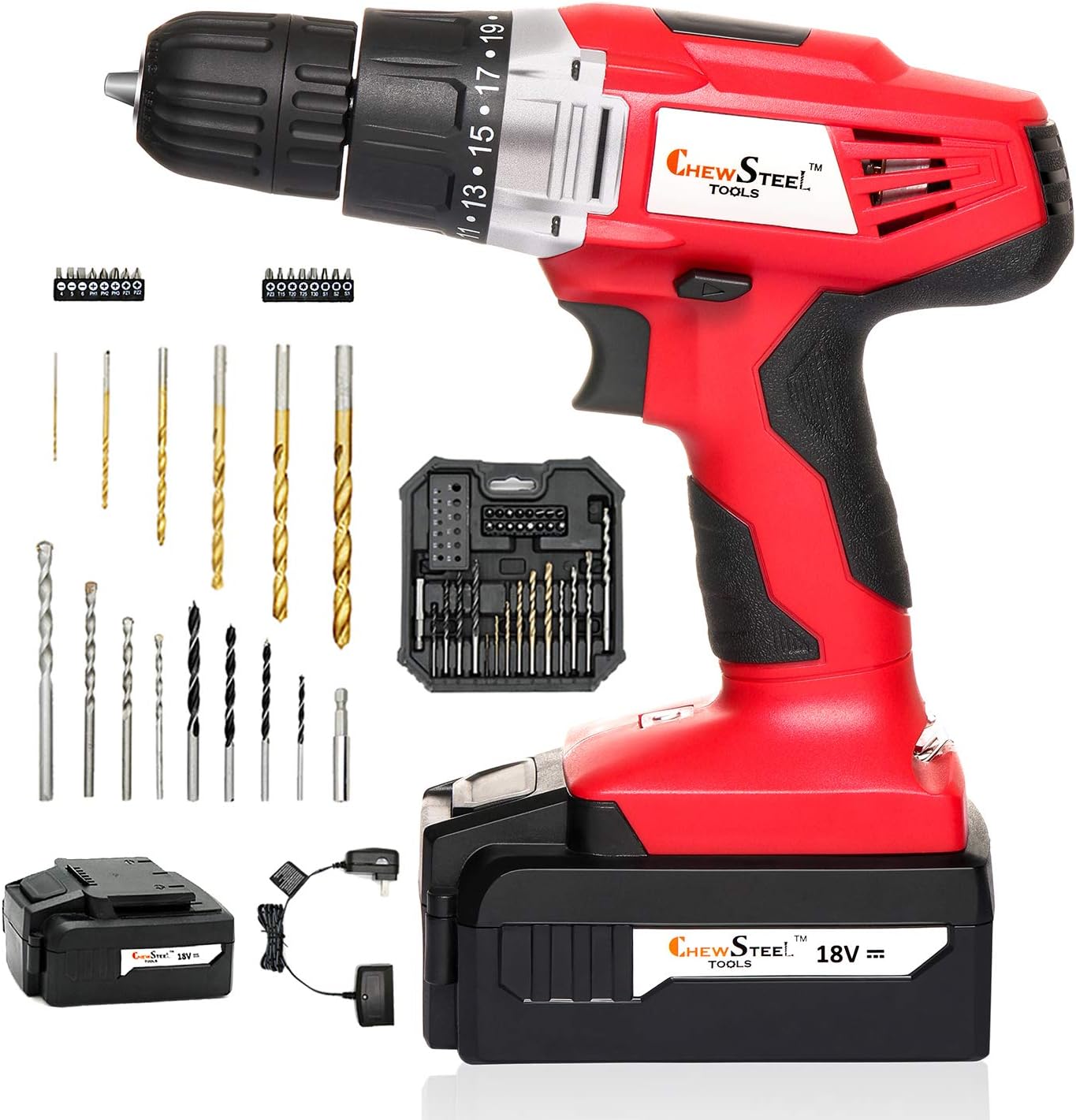 Chew Steel Tools 18 V Cordless Drill, Power Drill Set with 1200 mAh Battery and Charger, Keyless Clutch, Variable Speed, 21 Position and 32pcs Drill/Driver Bit