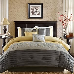 Madison Park Serene Queen Size Bed Comforter Set Bed in A Bag - Yellow, Embroidered – 7 Pieces Bedding Sets – Faux Silk Bedroom Comforters