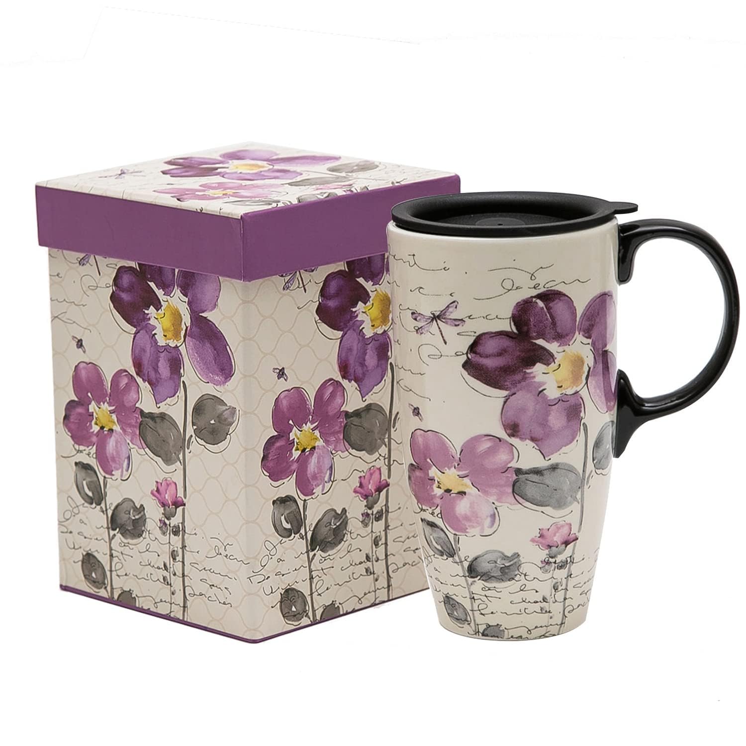 DUSVALLY Ceramic Mug Coffee Mug with Lid Porcelain Cup with Box Latte Mug 17oz. Purple Flowers