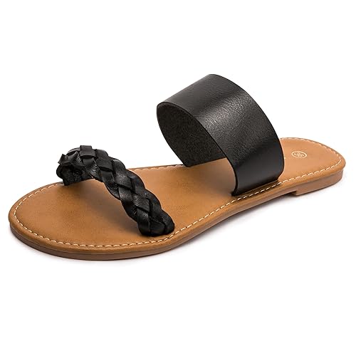 HEVA Women's Braided Non-Slip Sandals Fashionable and Comfortable Double Strap Adjustable Flat Sandals Casual Summer Sandals(6UK 39EU,Black)