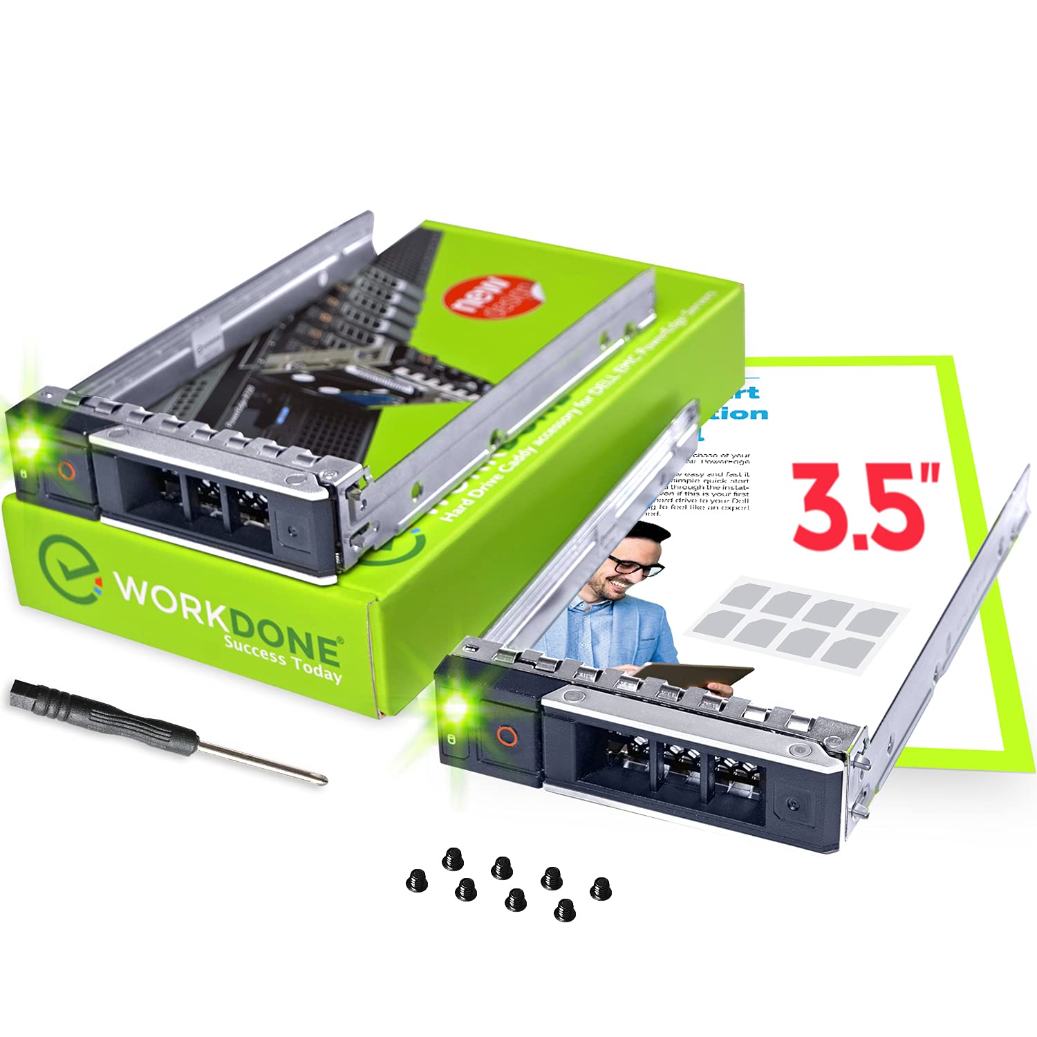 WorkDone 2-Pack 3.5" Drive Caddy - Compatible for Dell PowerEdge - 14th Gen R340 R440 R540 R640 R740 R740xd2 R6415 R7415 R7425 XC640-10 XC740xd-12 - Hot Swap SAS SATA Tray - with Setup Manual