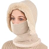3 in 1 Beanie Hat with Scarf and Mask, Fleece Lined Winter hat, Knitted Hooded Scarf Mask Set for Women, Snow Caps Plush Earmuff Skull Hats