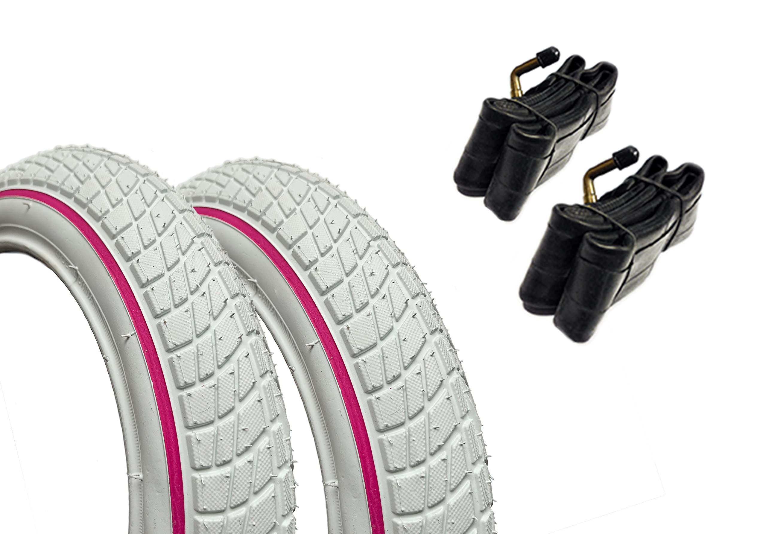 2 Pack - 12 1/2 x 2 1/4 (62-203) Kids Bike TYRES & TUBES - White (with Pink Line) - Includes Bent Valve Tubes