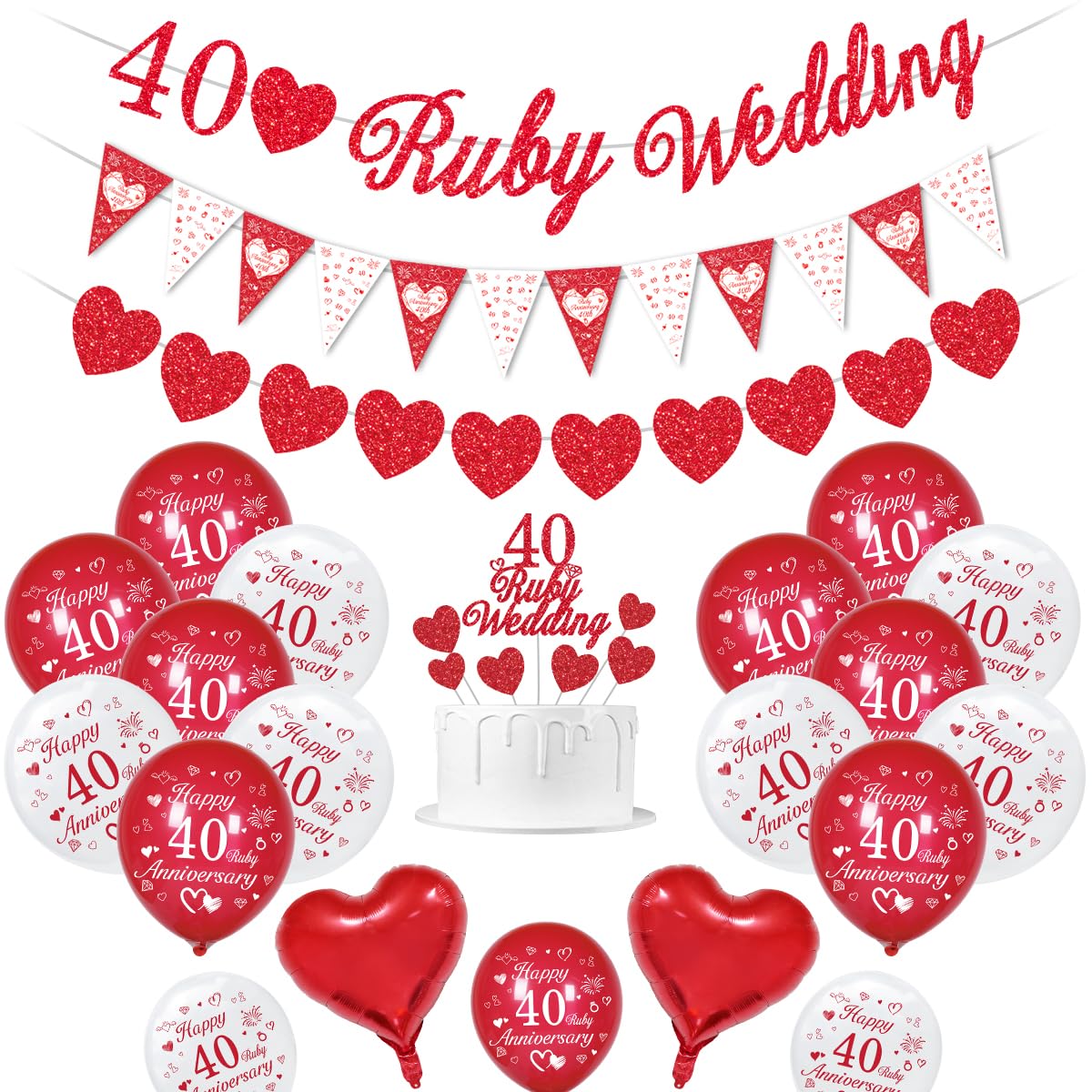 Ruby Wedding Decorations, 40th Wedding Anniversary Decorations Happy 40th Anniversary Balloons Red White Balloons Heart Balloon Banner Cake Topper