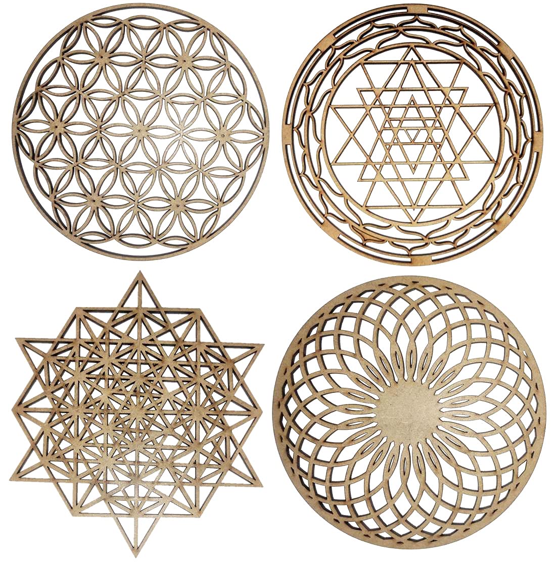 Purpledip Wooden Laser Cut Wall Hanging Divine Shapes Yoga Meditation Set Of 4: Sri Yantra, Sacred Flower, 64 Star Tetrahedron & Fountain Of Energy, Unfinished (12381)