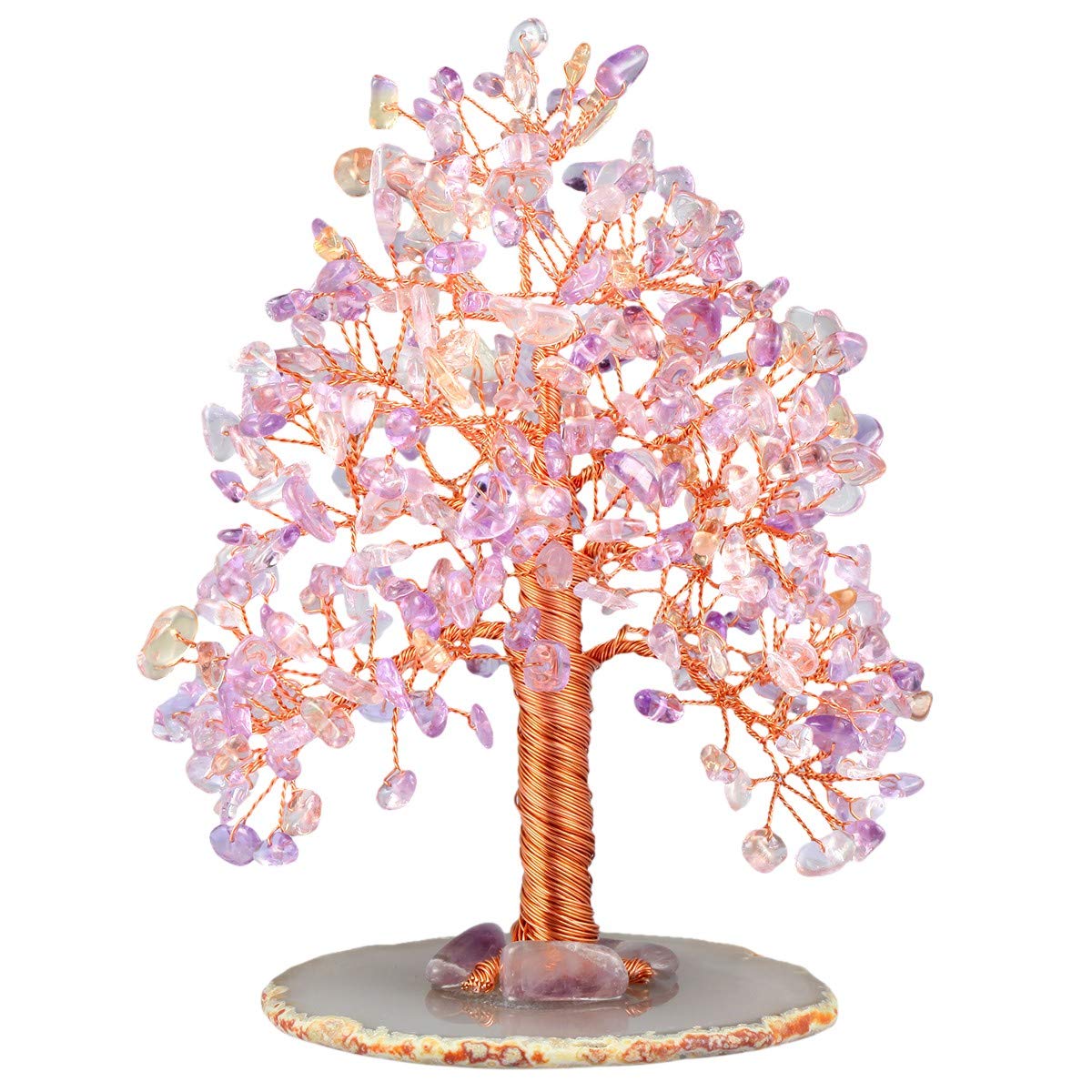 mookaitedecor Natural Amethyst Citrine Tumbled Stone Money Tree, Gemstone Feng Shui Ornament Healing Crystal Tree of Life Gift Bedroom Living Room Accessories Luck Wealth Decoration, Agate Slice Stand
