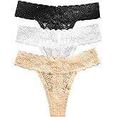 Hlizonn Women’s Lace T-Back Thongs 3-Pack Sheer Cheeky Underwear Briefs with Cotton Crotch Panties Undies Tanga