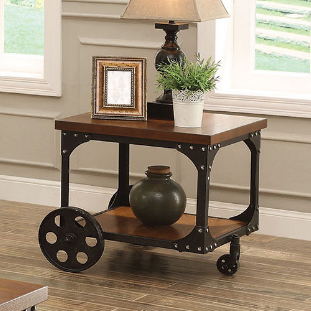 Coaster Furniture Wood End Table with Metal Casters » Steampunk 