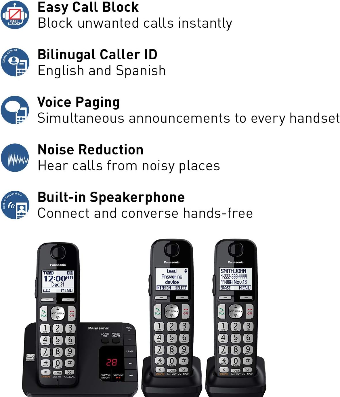 Panasonic DECT 6.0 Expandable Cordless Phone System with Answering Machine and Call Blocking - 3 Handsets - KX-TGE433B (Black): Electronics