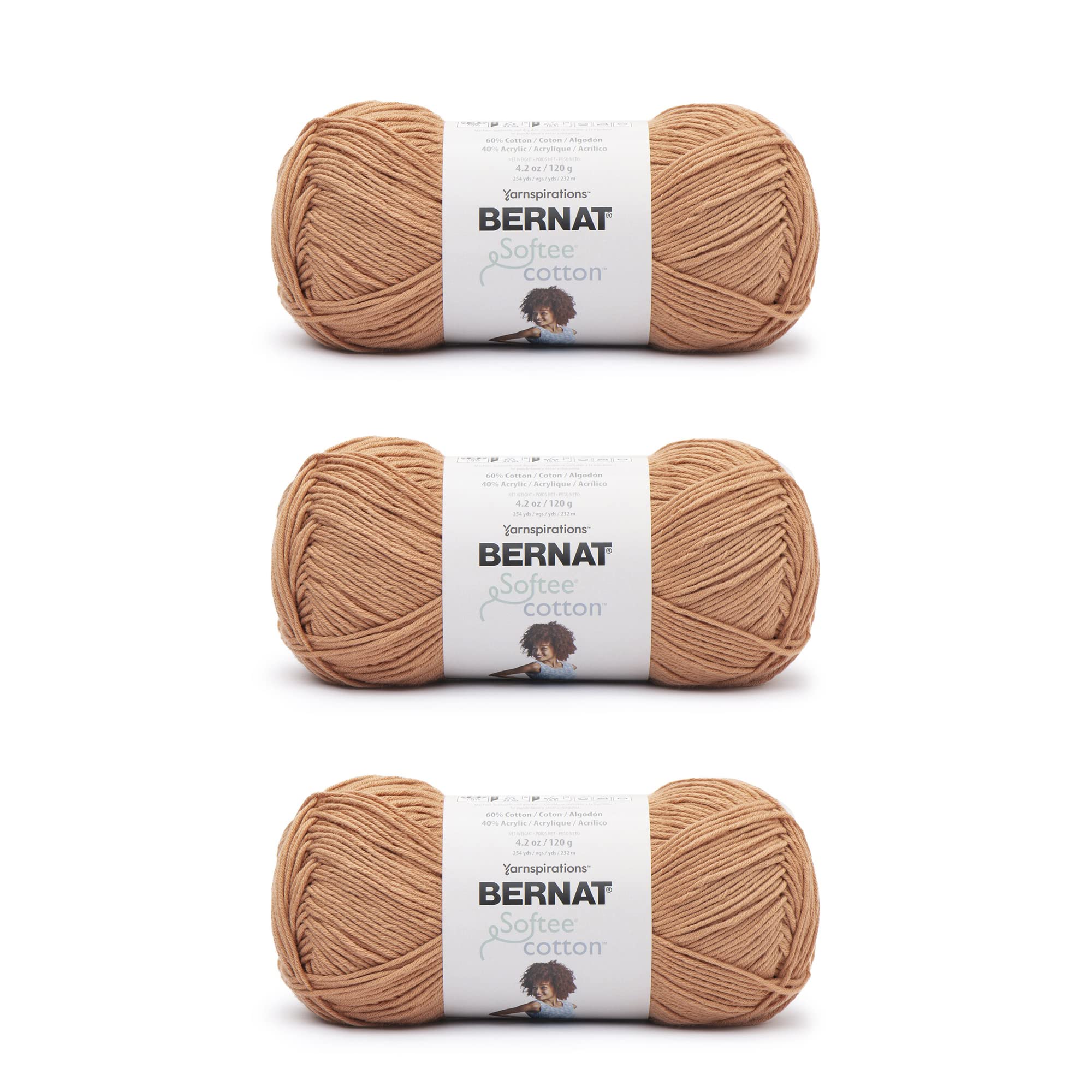 Bernat Softee Cotton Sandstone Yarn - 3 Pack of 120g/4.25oz - Nylon - 3 DK (Light) - 254 Yards - Knitting/Crochet