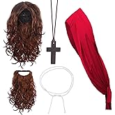 Yewong 4 Pieces Adult Jesus Costume Accessories Set - Beard, Wig, Shawl, Waist Rope and Cross Necklace for Halloween Christ Cosplay