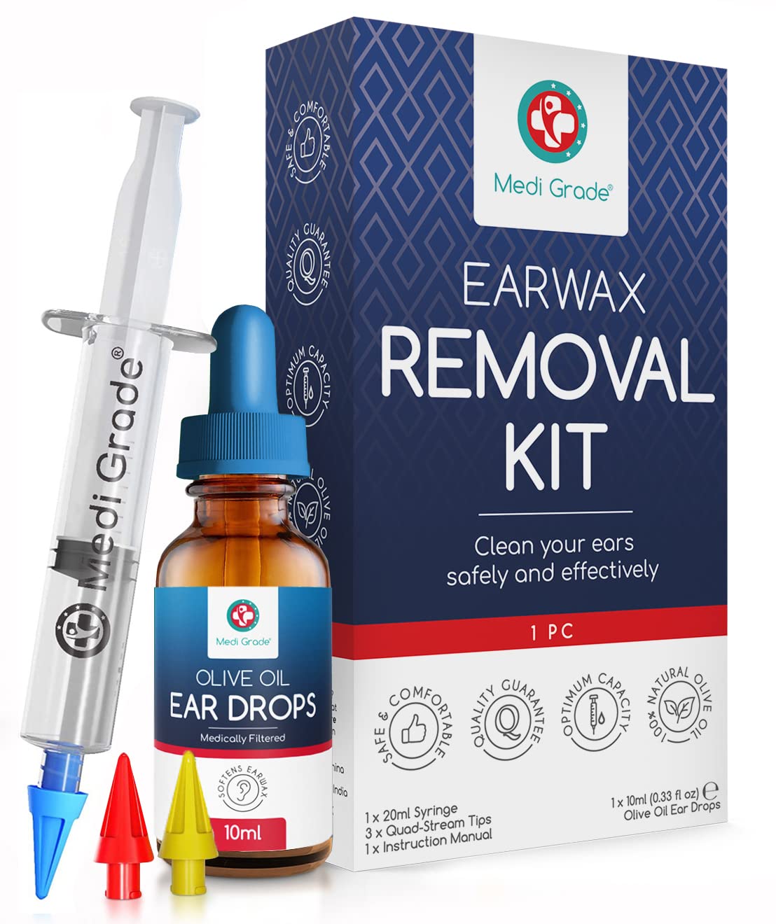 Medi Grade Ear Wax Removal Kit with Olive Oil Ear Drops, 10ml - The Original Ear Syringe Kit with Ear Wax Removal Drops for Softening and Safely Removing Earwax - Gentle Ear Cleaner Ear Wax Remover