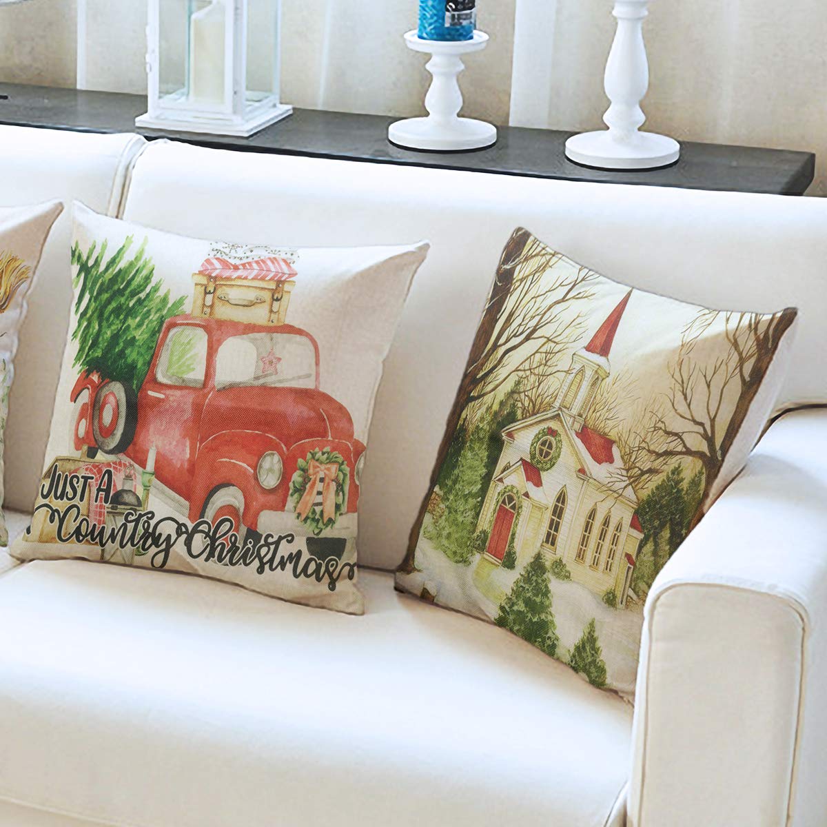 TIGERNU Throw Pillow Covers 18x18 inch (45x45cm) Linen Pillowcases Christmas Decorations Winter Snow Auto Church Cushion Cover for Couch Bed Sofa Car- Set of 4