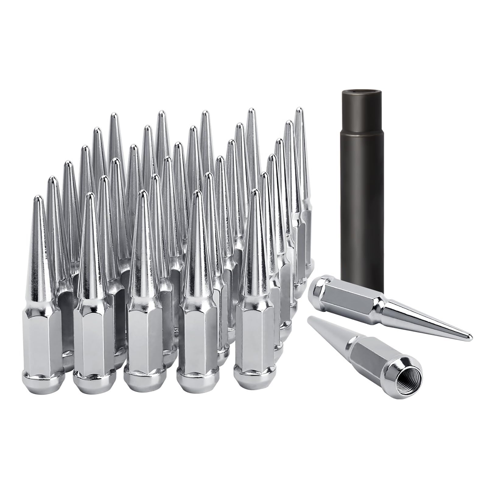 Photo 1 of DYNOFIT 9/16-18 Wheel Spike Lug Nuts, 32x Chrome 9/16 inchx18 Lug Nut with 1 Socket Key, DYNOFIT 4.4'' Tall Closed End Lug Nuts for 1994-2011 Dodge Ram 1500 2500 3500/1988-1998 F250 F350