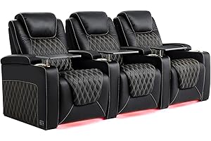 Weilianda Chic Top Grain Leather Home Theater Seating Power Headrest Recling Movie Gaming Recliner Sofa with 7 Colors Ambient Lighting, Golden Cup Holder Carbon Fiber Tray Table Row of 3 Black
