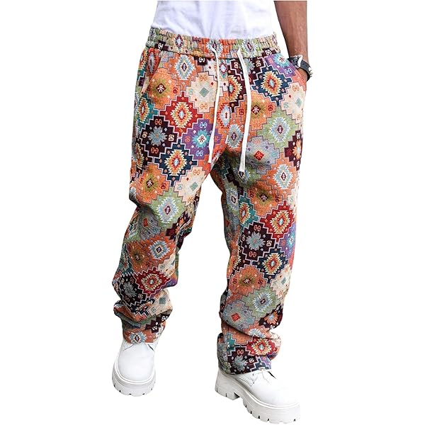 Floerns Men's Drawstring Waist Floral Jacquard Straight Leg Boho