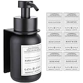 Nobtou Black Glass Soap Dispenser Wall Mount for Bathroom with Pump and Drill-Free Holders - 8.5 Oz Hand Soap Dispenser, Shower Dispenser with Waterproof Labels