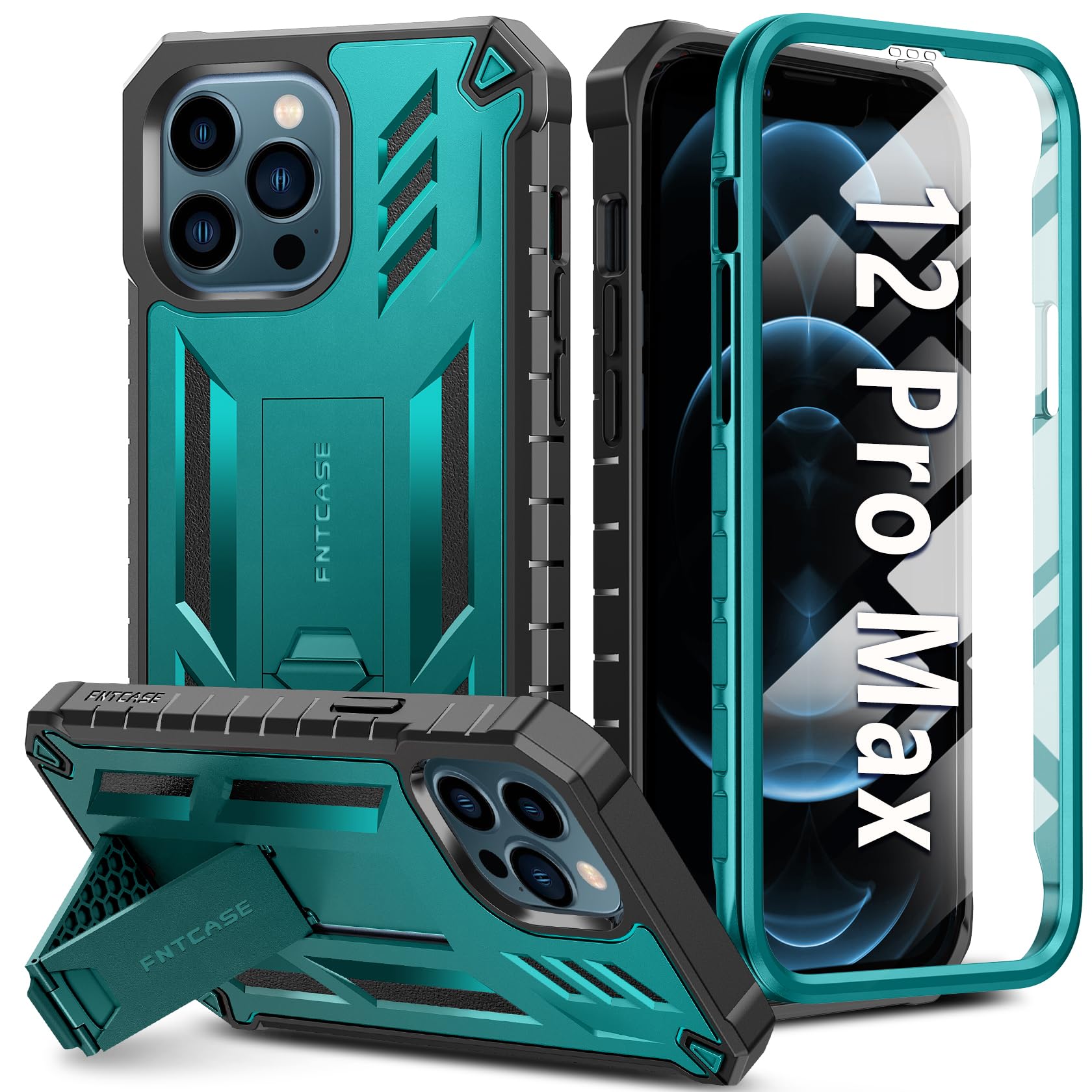 FNTCASE for iPhone 12-Pro-Max Phone Case: Military Grade Drop Proof Protection Mobile Cover with Kickstand | Matte Textured Rugged Shockproof TPU | Protective Sturdy Cases - Green