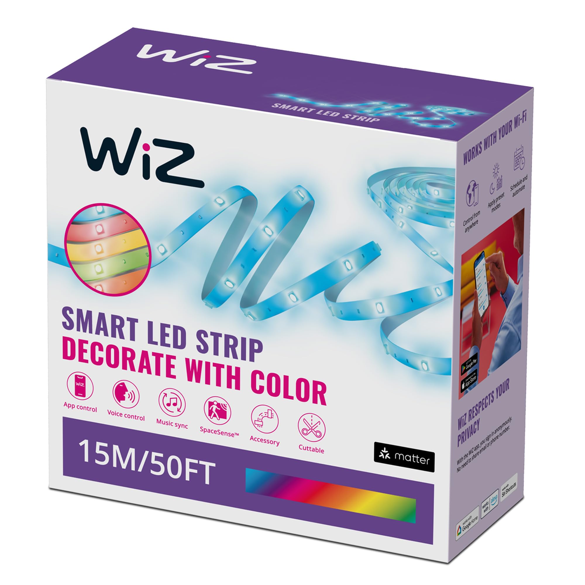 WiZ Smart RGB LED Strip Light, 15 m Cut to Fit, 16 Million Colors, Dynamic Scenes, Wi-Fi, Voice/App Control, Works with Google Home, Alexa and HomeKit, LED Lights for Bedroom, Kitchen, Living Room