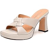 HeySoleModa Womens Platform Sandals, Block High Heel Open Toe Slip-on Sandals for Women, Woven Straps Heeled Slippers with Leather Insole 3.3"