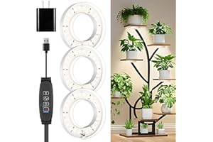 HYWYIMLAIT 3 Head White Halo Angel Ring Ceiling LED Plant Growth Lights for Shelf, 3000K+6000K Full Spectrum Grow Lamps for Plant Growth Indoor Plants with 6/12/16H Timer, 3 Spectral Modes, 10 Dimmable Levels