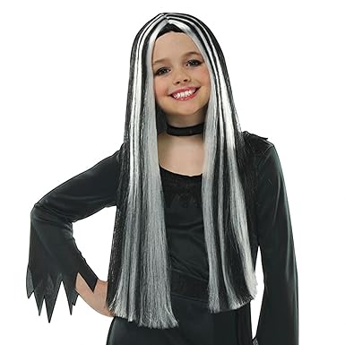 Girls Long 25 Black With White Streaks Wig For Halloween Witch