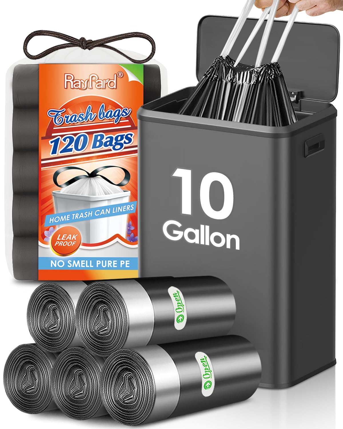 Photo 1 of 10 Gallon (fit 30-35 Liter) 120 Counts Drawstring Trash Bags By RayPard, Medium Large Kitchen Garbage Bags Trash Can Liners for Home, Office, Light Residential Waste Outdoor Lawn Bags, Black