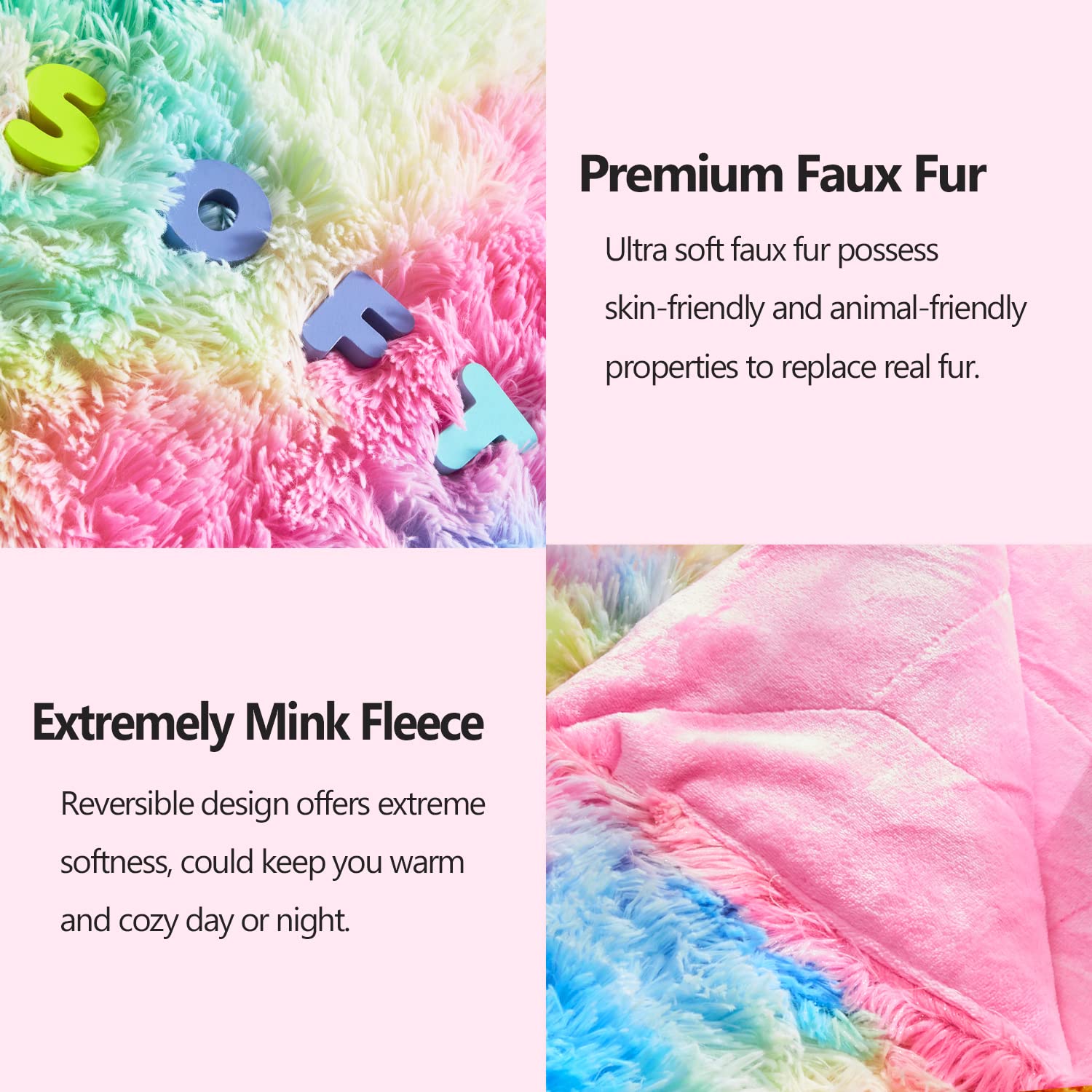 GONAAP Fuzzy Faux Fur Throw Blanket Dark Rainbow