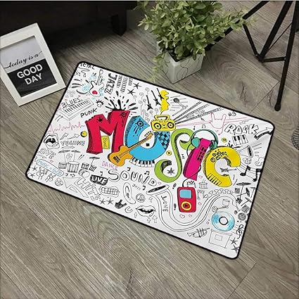 Amazon フロアマット 幅24 X 長さ35インチ 音楽 ポップアート 楽器付きドゥードルスタイル 音楽背景 サウンドアートイラスト マルチ 掃除簡単 変形なし 色褪せない 滑り止め ドアマット カーペット Msshe ラグ カーペット マット