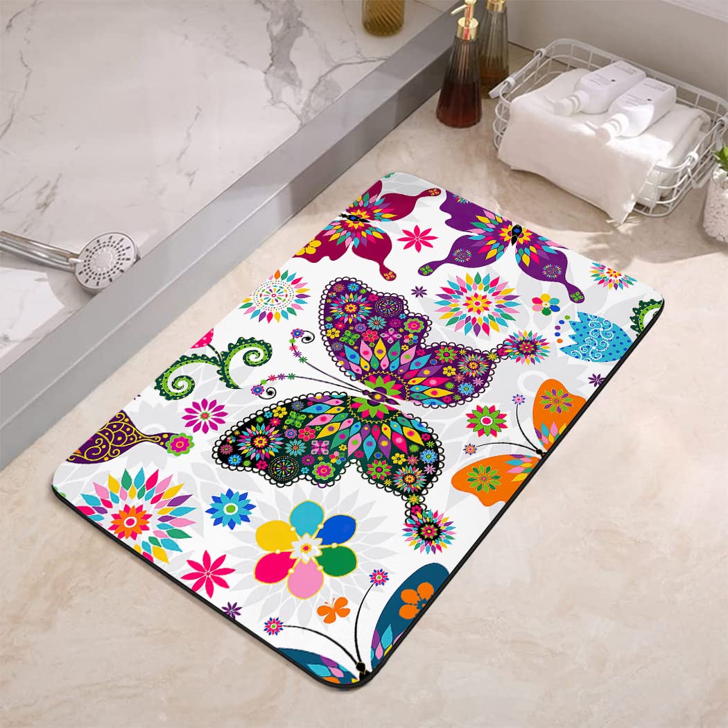 YISUMEI Bathroom Mat, Non-Slip Super Absorption Bath Carpet with Rubber Backing, Fit Under Bathroom Doormat Floor Rugs for Shower Buthtub,17"x24",Mandala Colorful Butterfly