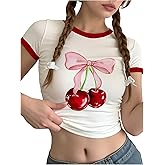 RoseSeek Girl's Cherry Bow Crop Shirts Cute Short Sleeve Graphic Tees Summer Crew Neck Tight T Shirt