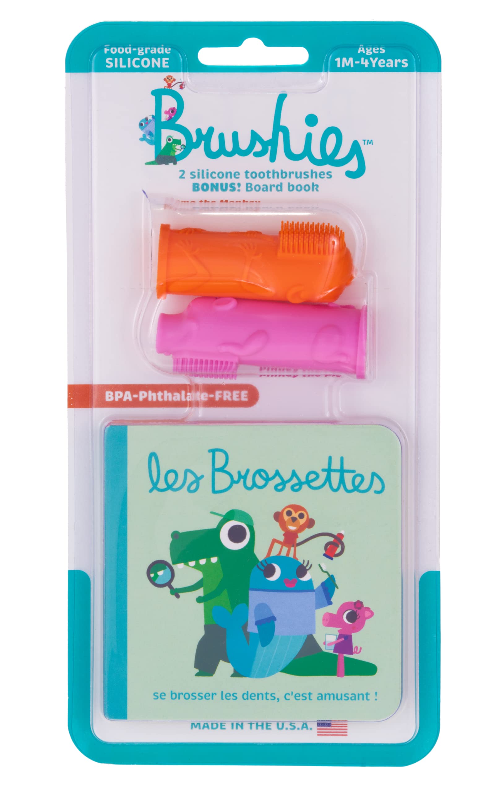The Brushies Momo & Pinky Toddler Toothbrush 2-Pack & Storybook Set/Dental Item and Book/Tooth & Gum Care for Children/Ages 4 Weeks to 4 Years